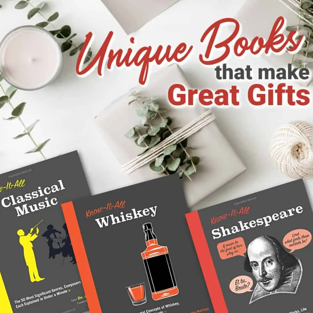 Wrapped gift with candle and books  - Text on image says "Unique Books that make Great Gifts"