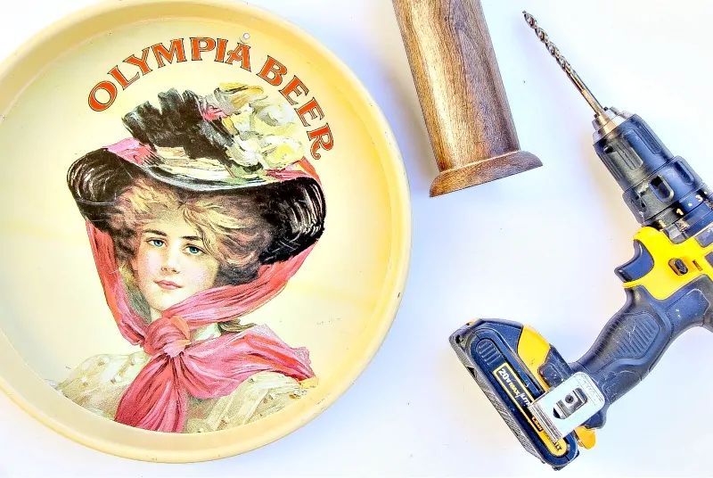 Retro tray and wood spool with a drill - Supplies for making a hot chocolate station.