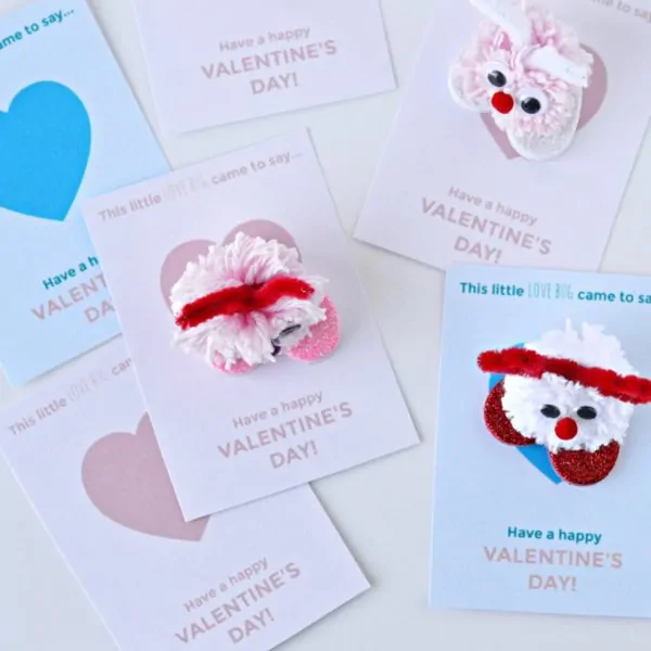 Pom-Pom Love Bug Valentines — Craft Tutorial and Free Printable Valentine’s Day Cards