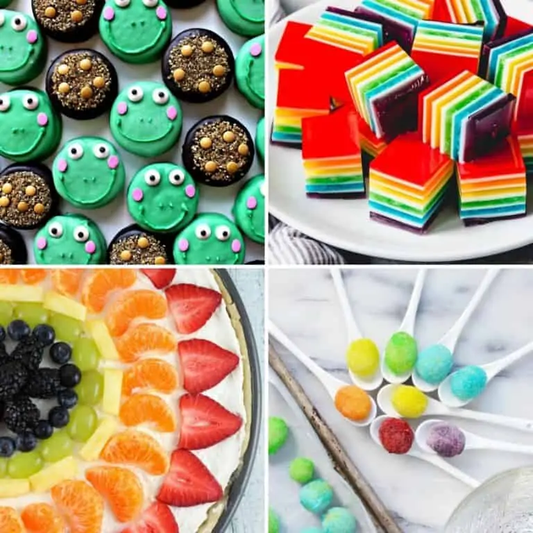 Four recipe photos showing cute rainbow and green treats