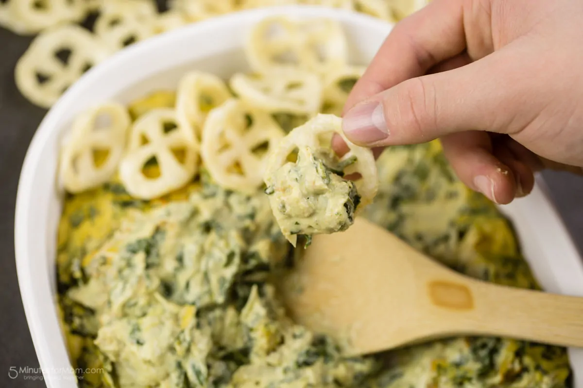 Vegan Spinach and Artichoke Dip with SPOKES Air-Puffed Potato Snacks