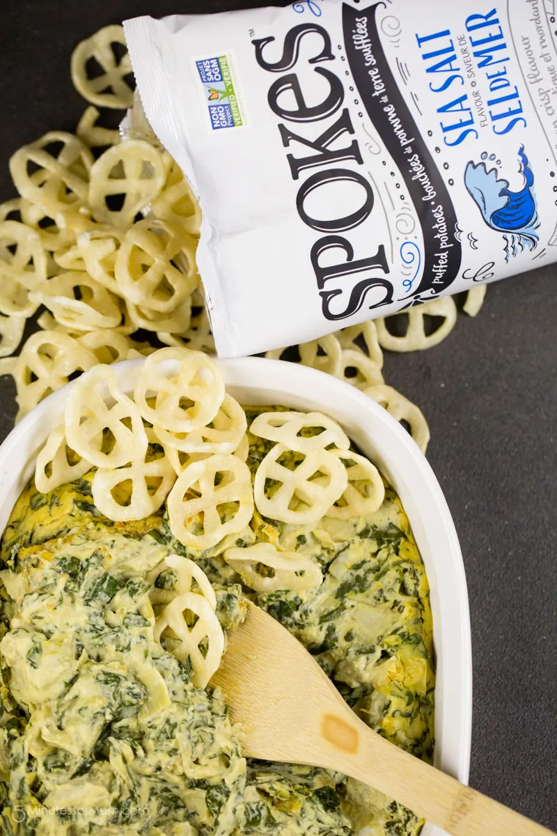 Vegan Spinach and Artichoke Dip with SPOKES Air-Puffed Potato Snacks