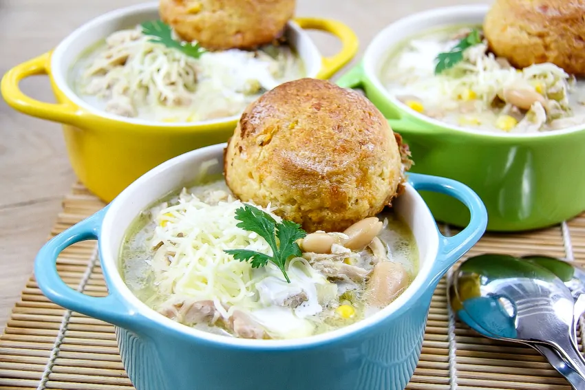 Slow Cooker Chicken Chili With Fire Roasted Cornbread Biscuits