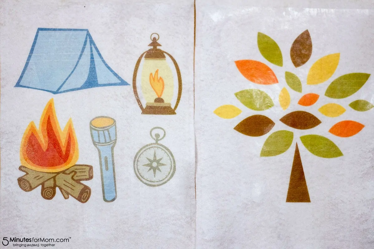 Colorful camping images and autumn leaves transferred on to white felt