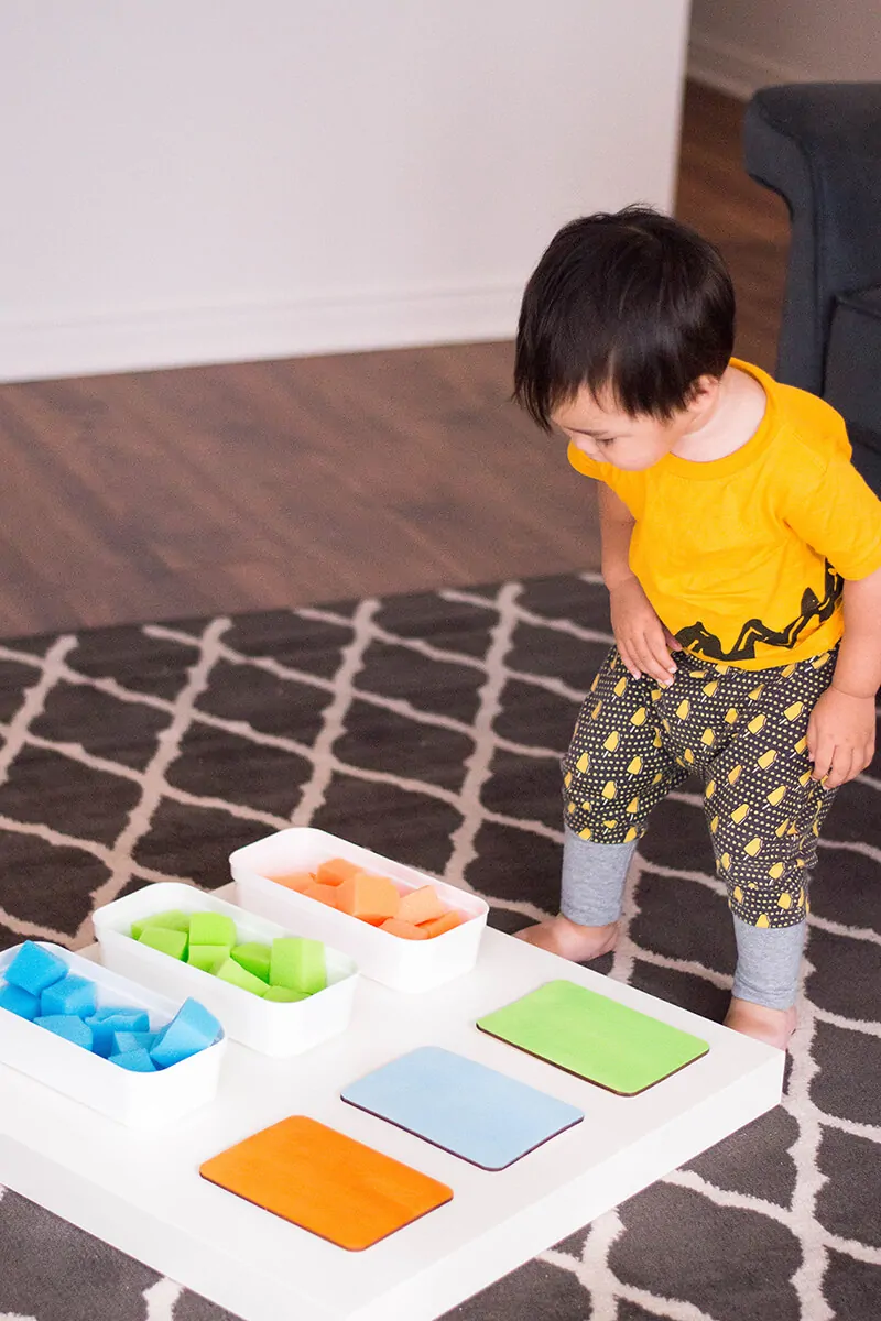 A toddler activity to encourage color recognition and sorting