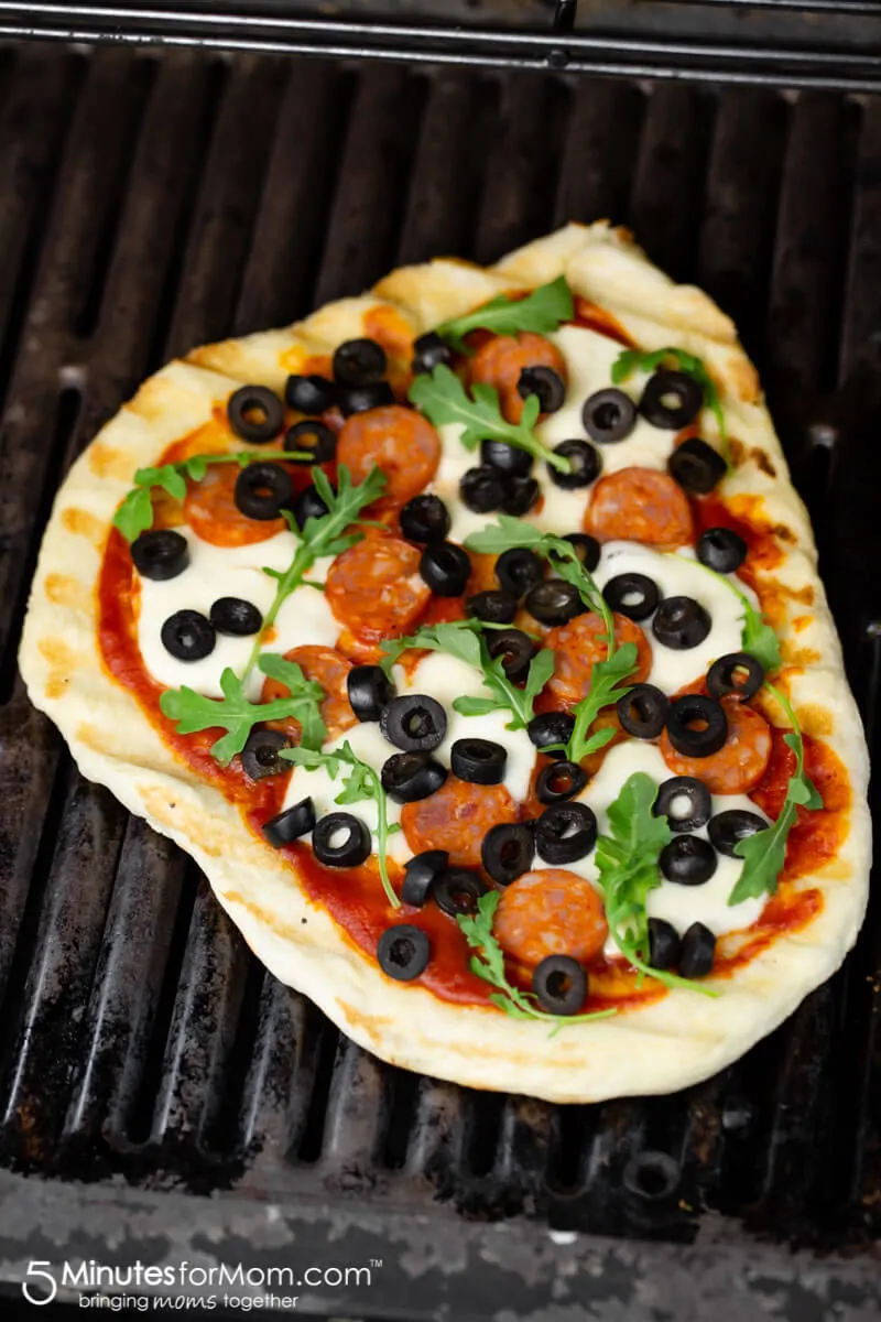 Grilled Pizza with Hojiblanca Olives from Spain and Spanish Chorizo Sausage