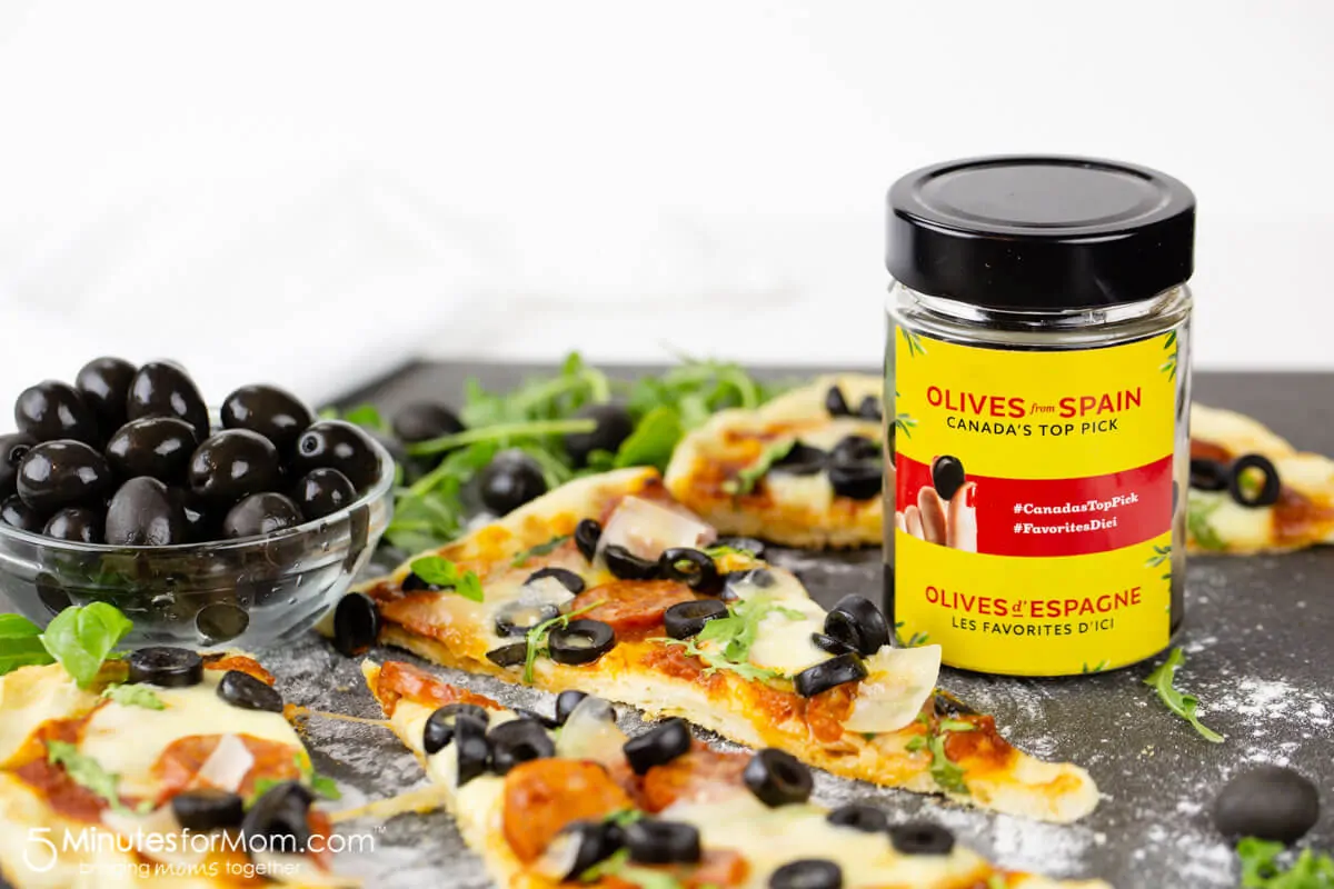 Grilled Pizza with Hojiblanca Olives from Spain and Spanish Chorizo Sausage