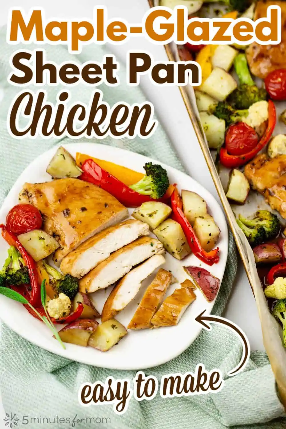 Dinner plate with sliced chicken breast and roasted vegetables. Text overlay says "Maple Glazed Sheet Pan Chicken - Easy to Make""