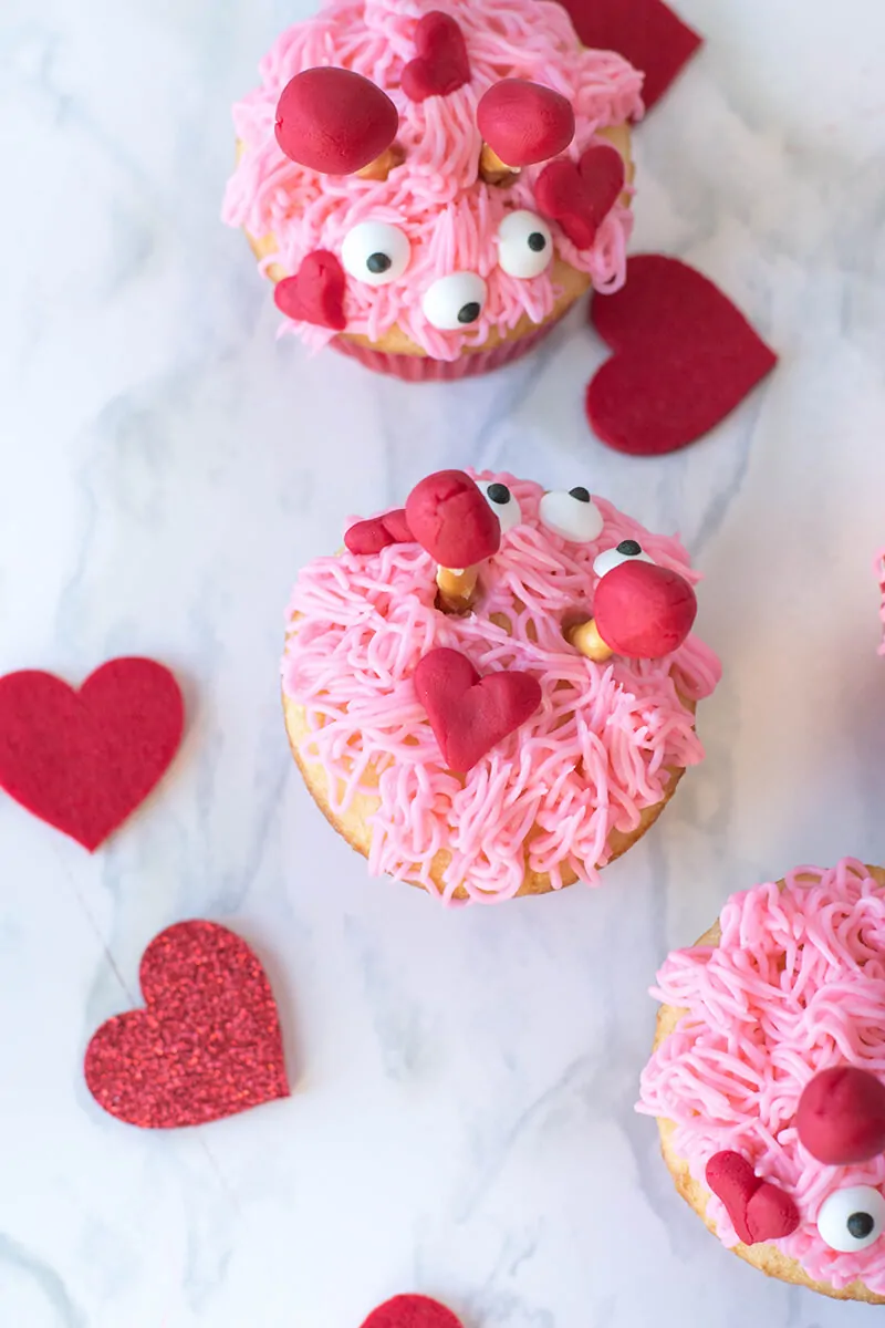 Overhead shot of Furry Monster Valentines Cupcakes