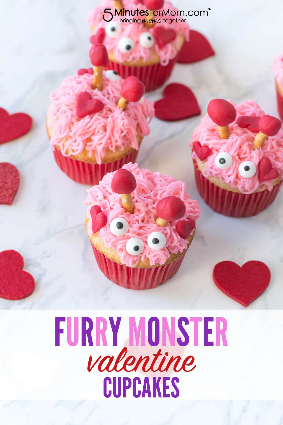 Vanilla cupcakes decorated with pink and red icing, pretzels, and candy eyes to look like cute monsters. Text says Furry Monster Valentine Cupcakes