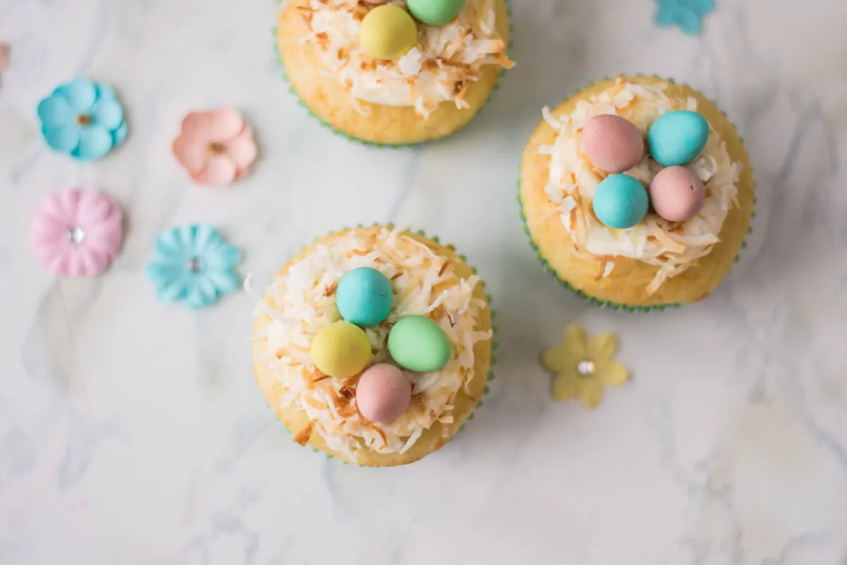 Bird's Nest Cupcakes - Vanilla cupcakes topped with buttercream, shredded coconut and candied eggs.