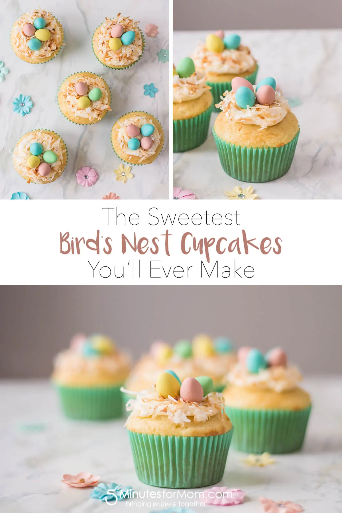 Bird’s Nest Cupcakes - The Sweetest Easter Treat - Vanilla cupcakes topped with buttercream, shredded coconut and candied eggs. #eastertreats #cupcakes