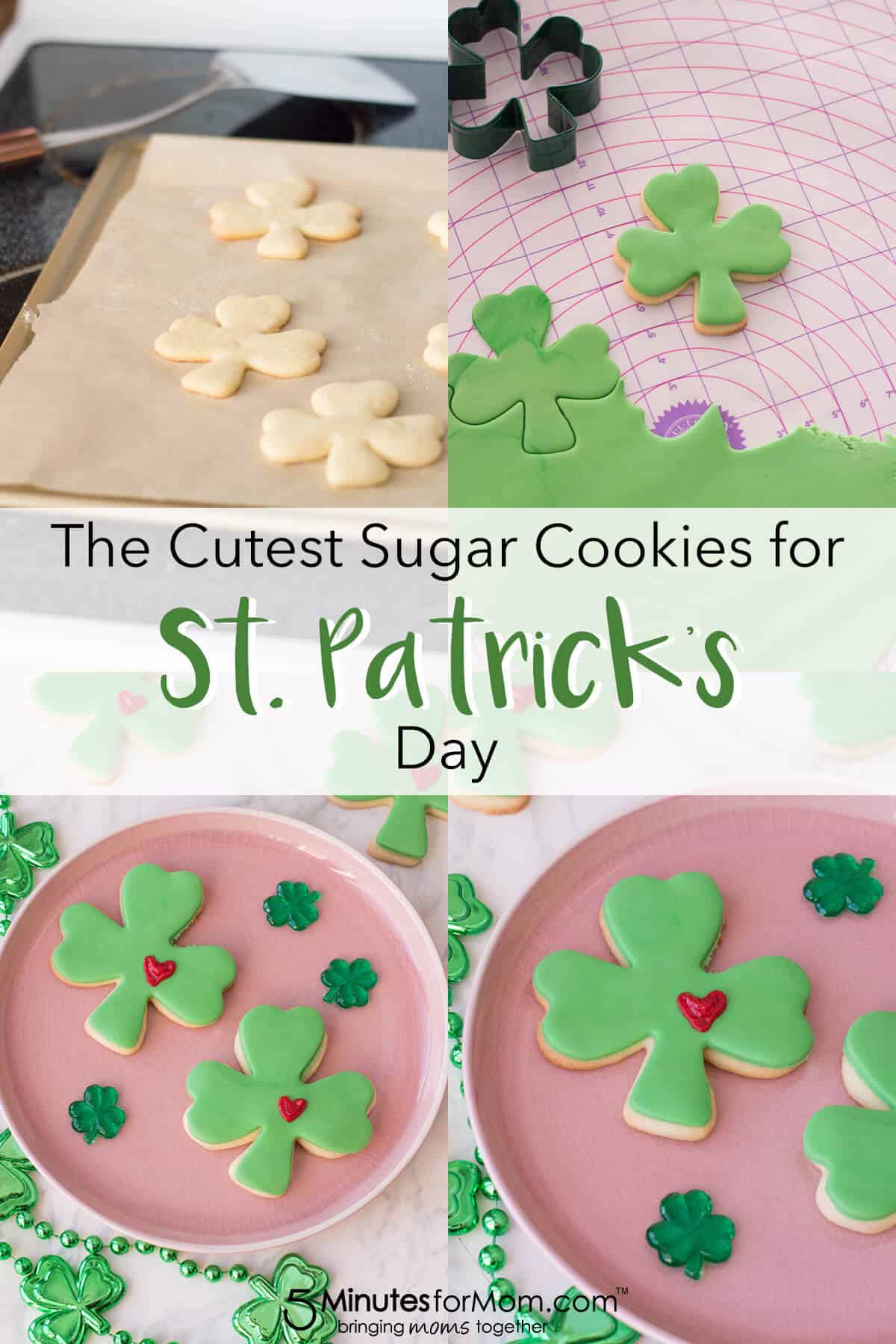 St. Patrick's Day Sugar Cookies shaped as lucky clovers with green fondant and a frosted heart.