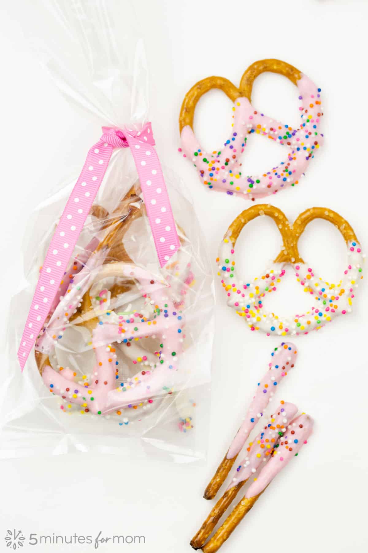 Pink and white chocolate dipped Valentine Pretzel twists and sticks