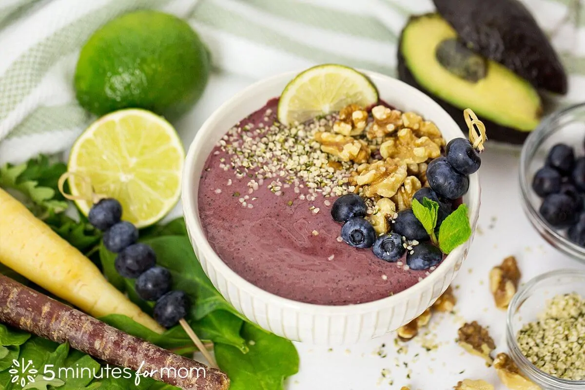 Blueberry Avocado Smoothie Bowl - a delicious power smoothie topped with walnuts and hemp seeds