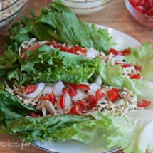 shredded chicken, on lettuce, on white plate