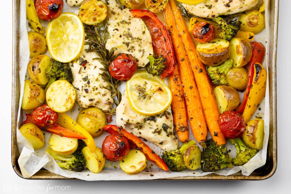 Baked Lemon Rosemary Chicken with Roasted Potatoes and Vegetables