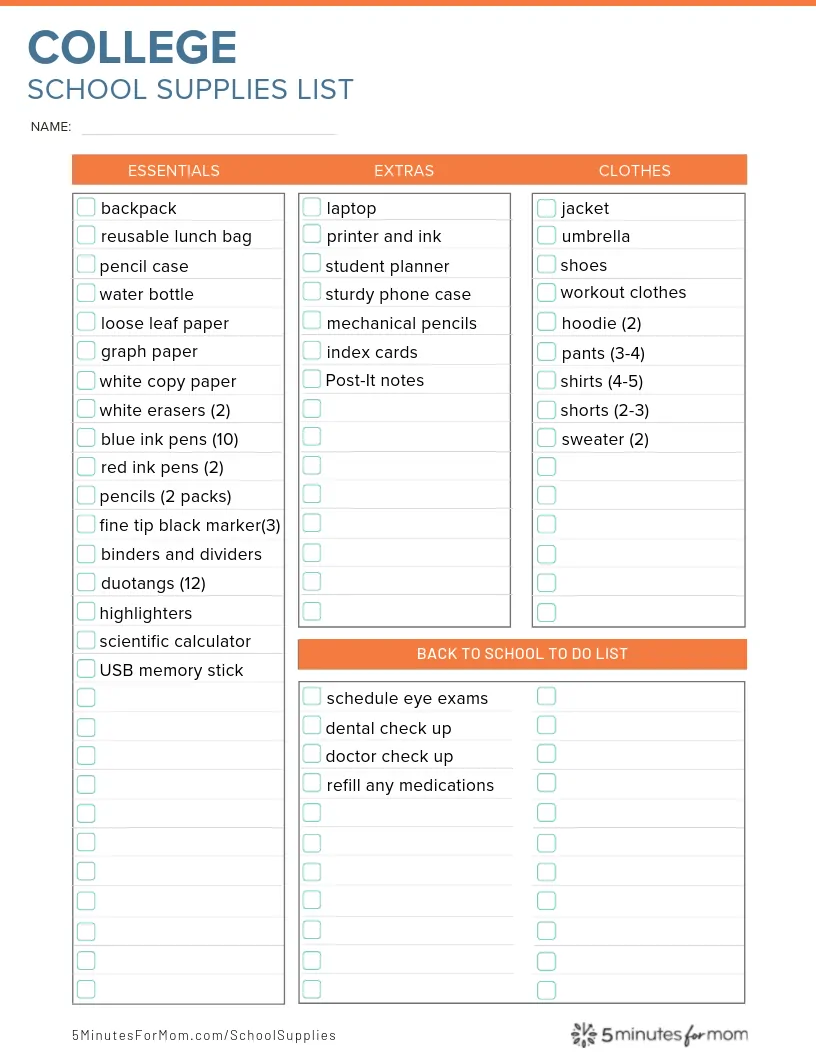 College School Supplies list for 2023 pdf [updated]