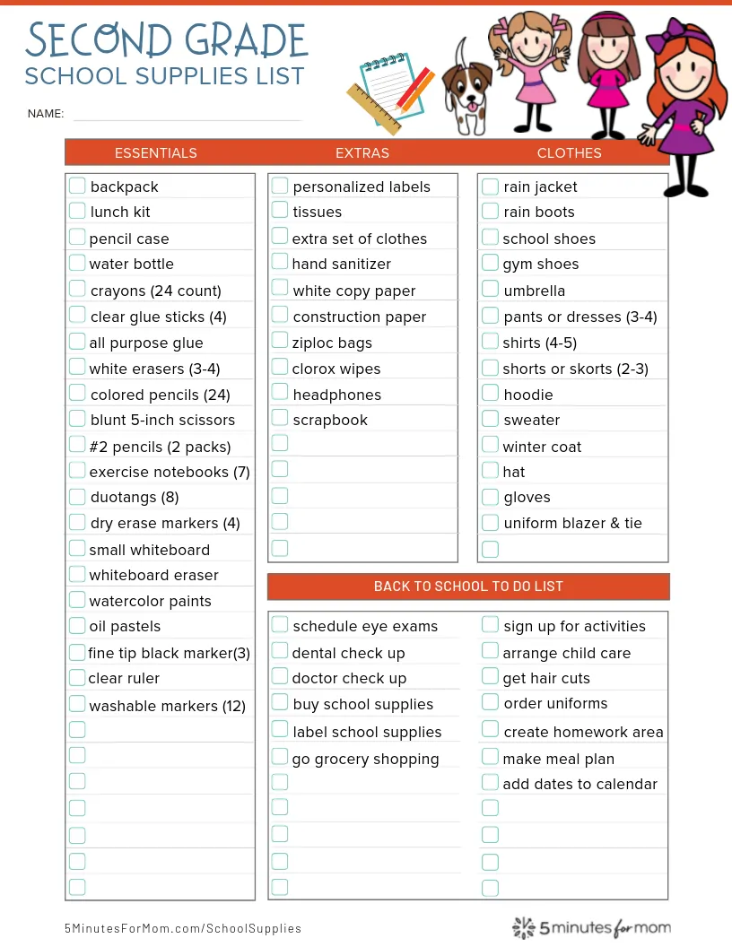 Second Grade School Supplies List