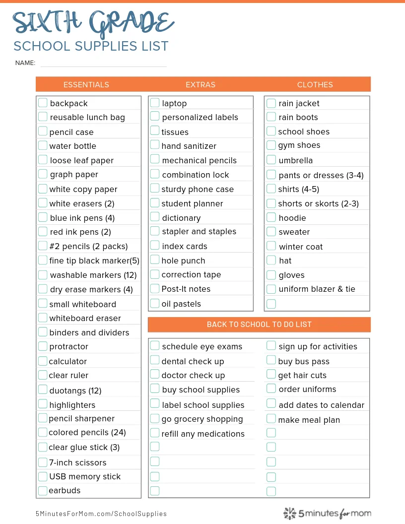 Sixth Grade School Supplies List - Printable