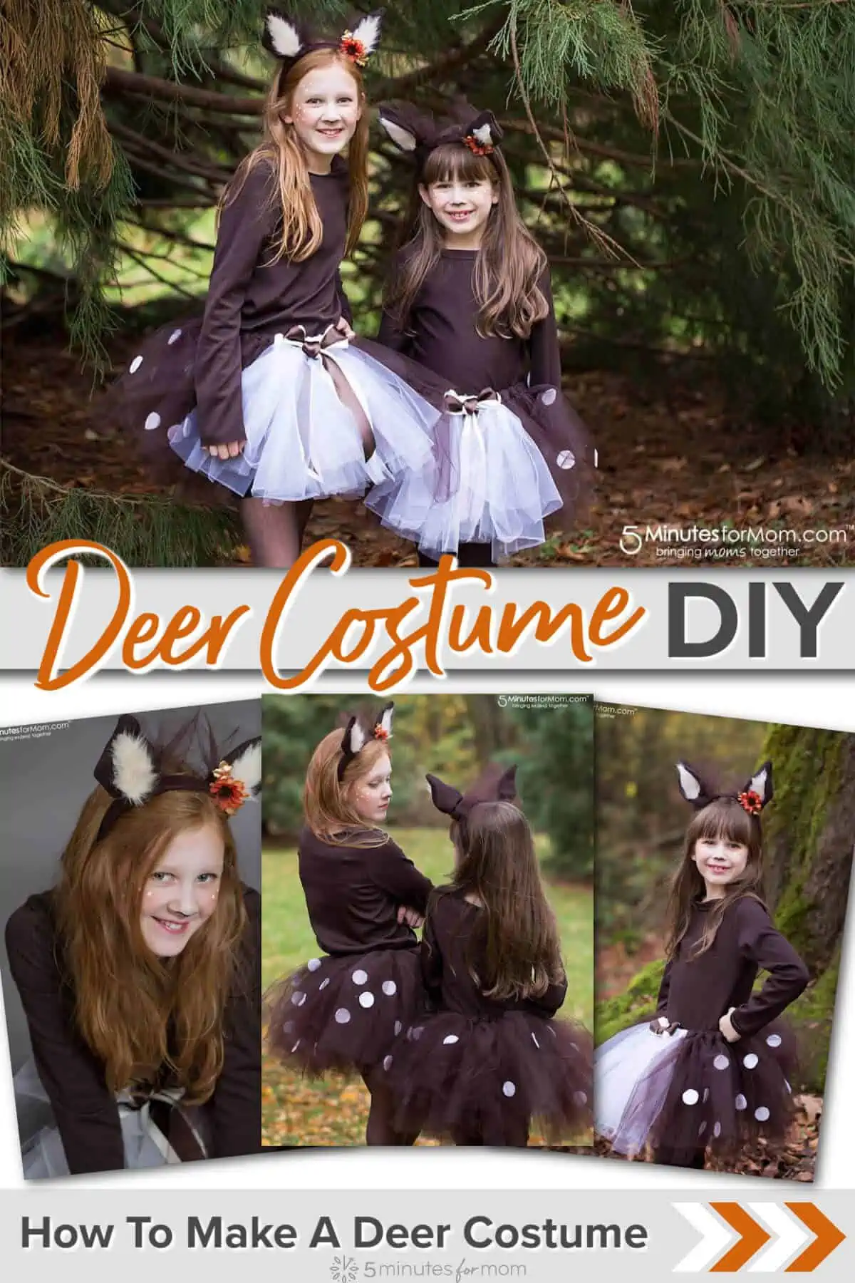 Two young girls dressed in handmade deer costumes with tutus and animal ear headbands. Text overlay says Deer Costumes DIY - How to Make a Deer Costume