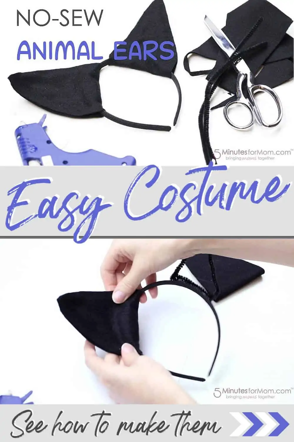 DIY Animal Ears Headband - Text on Image says No-Sew Animal Ears - Easy Costume