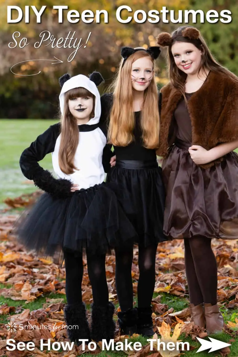 Three teen girls wearing pretty DIY Halloween costumes: panda, black cat, and brown bear. Text on image reads "DIY Teen Costumes - See How to Make Them"