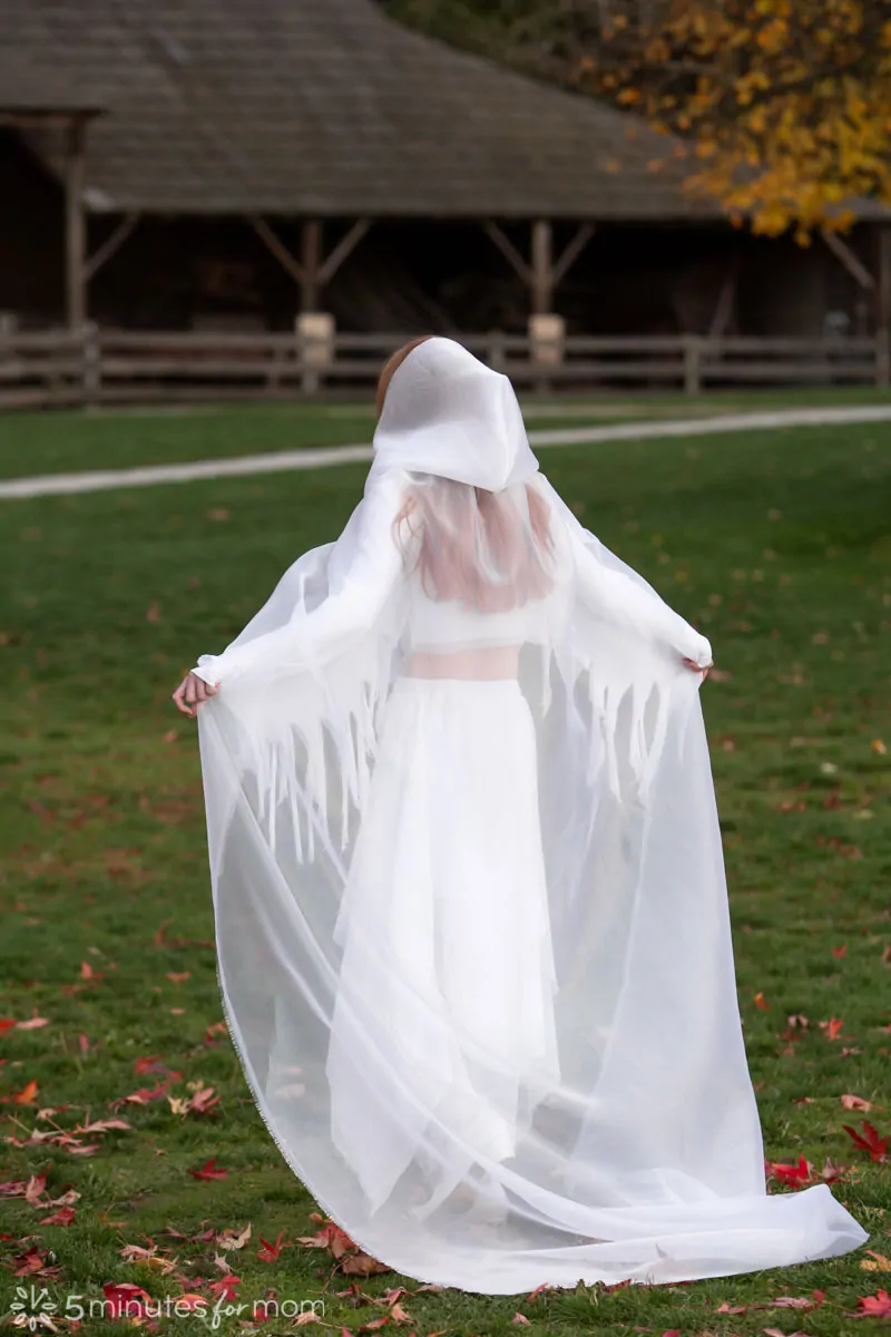 costume view from the back - organza cape shimmers in the light