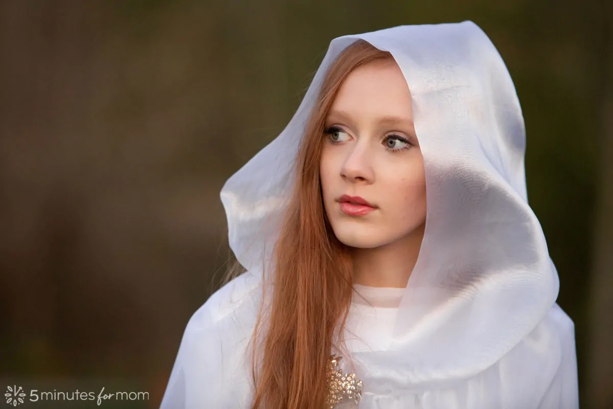 Hooded cape for ghost halloween costume - closeup of teenage girl with handmade white hood