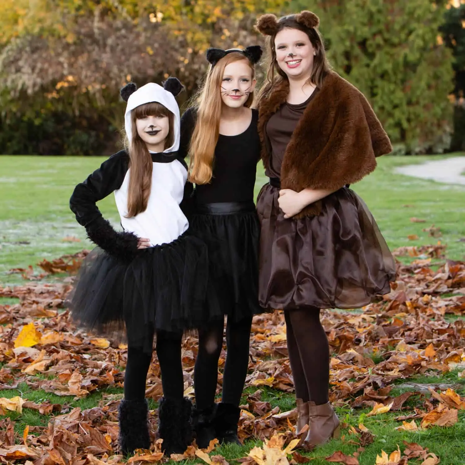 Three young teen and tween girls wearing DIY Halloween costumes: Panda, Black Cat, and Brown Bear