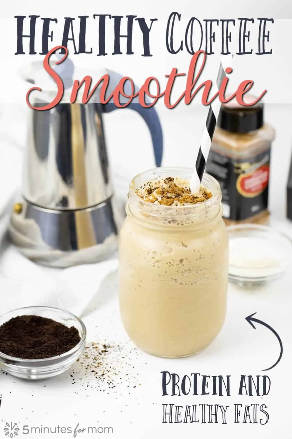 Coffee Smoothie with ground coffee and coffee pot