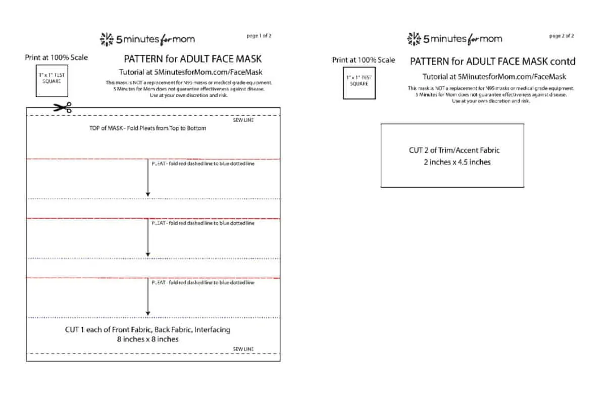 Adult Size Cloth Face Mask Pattern Preview