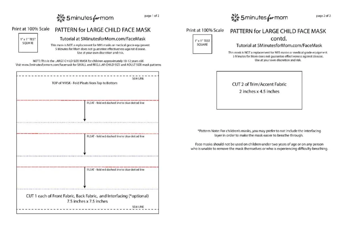 Child Size Face Mask Pattern Preview - Large