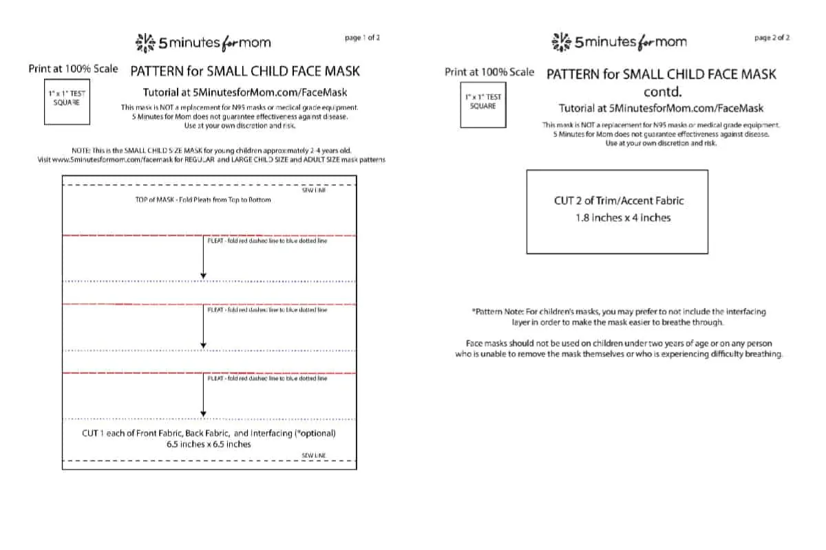 Child Size Face Mask Pattern Preview - Small