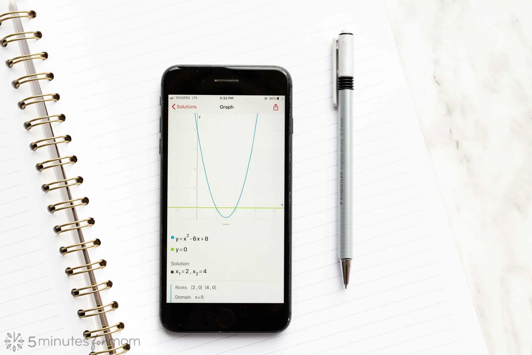 iPhone showing Graph - Photo shows smartphone with notebook, graph and pencil