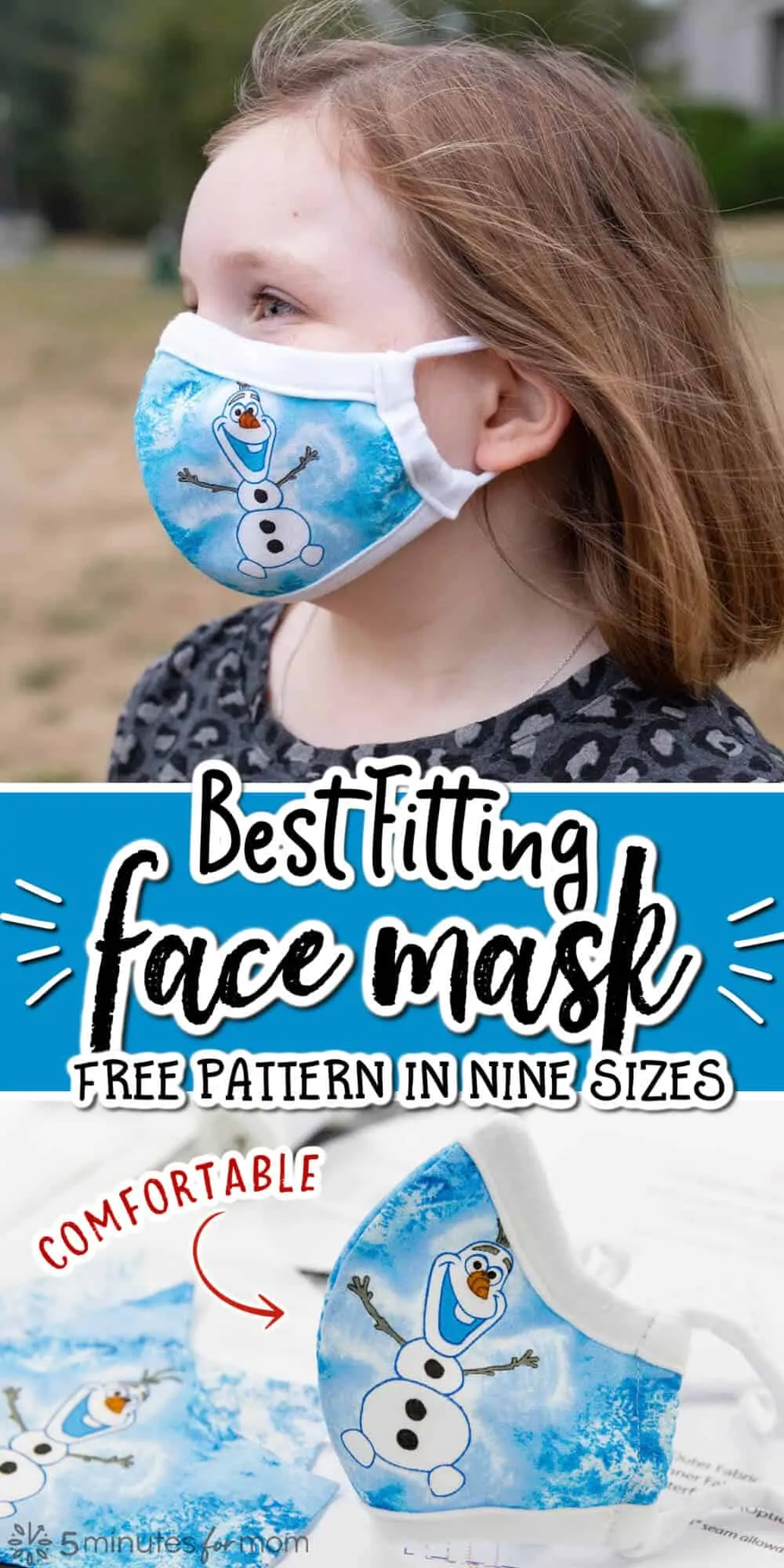 Young girl wearing handmade face mask. Text says: Best Fitting Face Mask Pattern in 9 Sizes - Comfortable