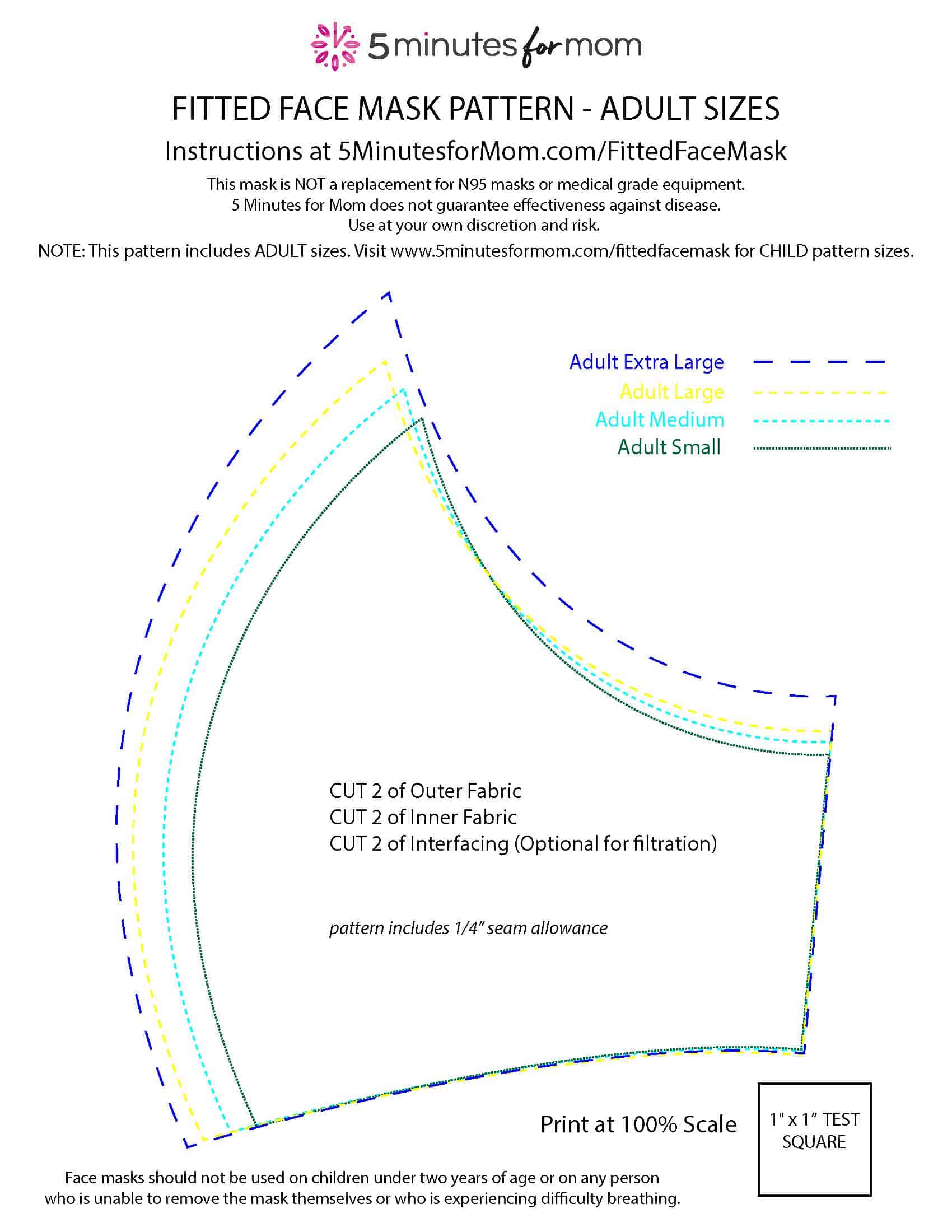 Best Fitted Face Mask Pattern Pdf In 9 Sizes 4 Adult And 5 Kids Sizes 5 Minutes For Mom