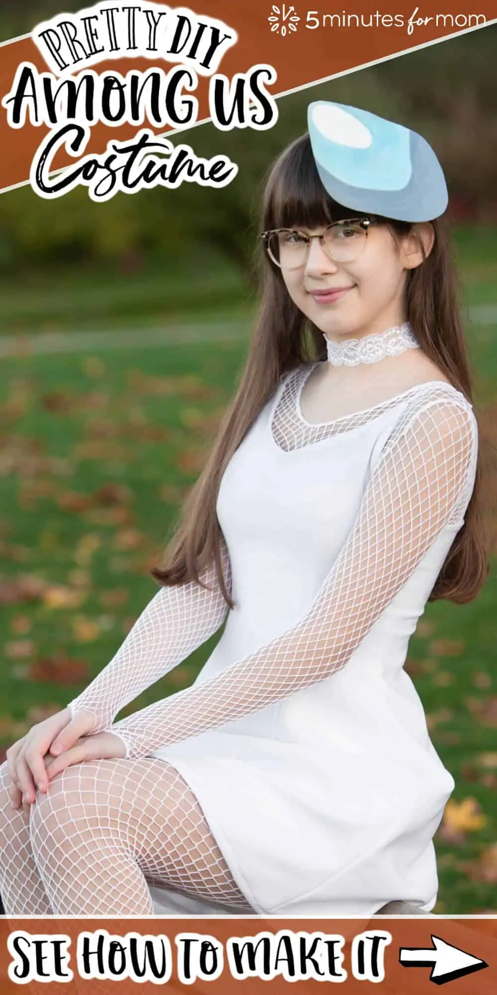 Teen girl dressed in a white DIY Among Us Costume. Text on image says "Pretty DIY Among Us Costume - See How to Make It"
