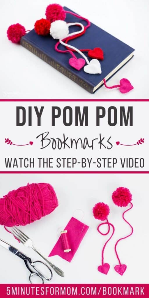 Yarn Pom Pom Bookmarks with Felt Hearts 5 Minutes for Mom