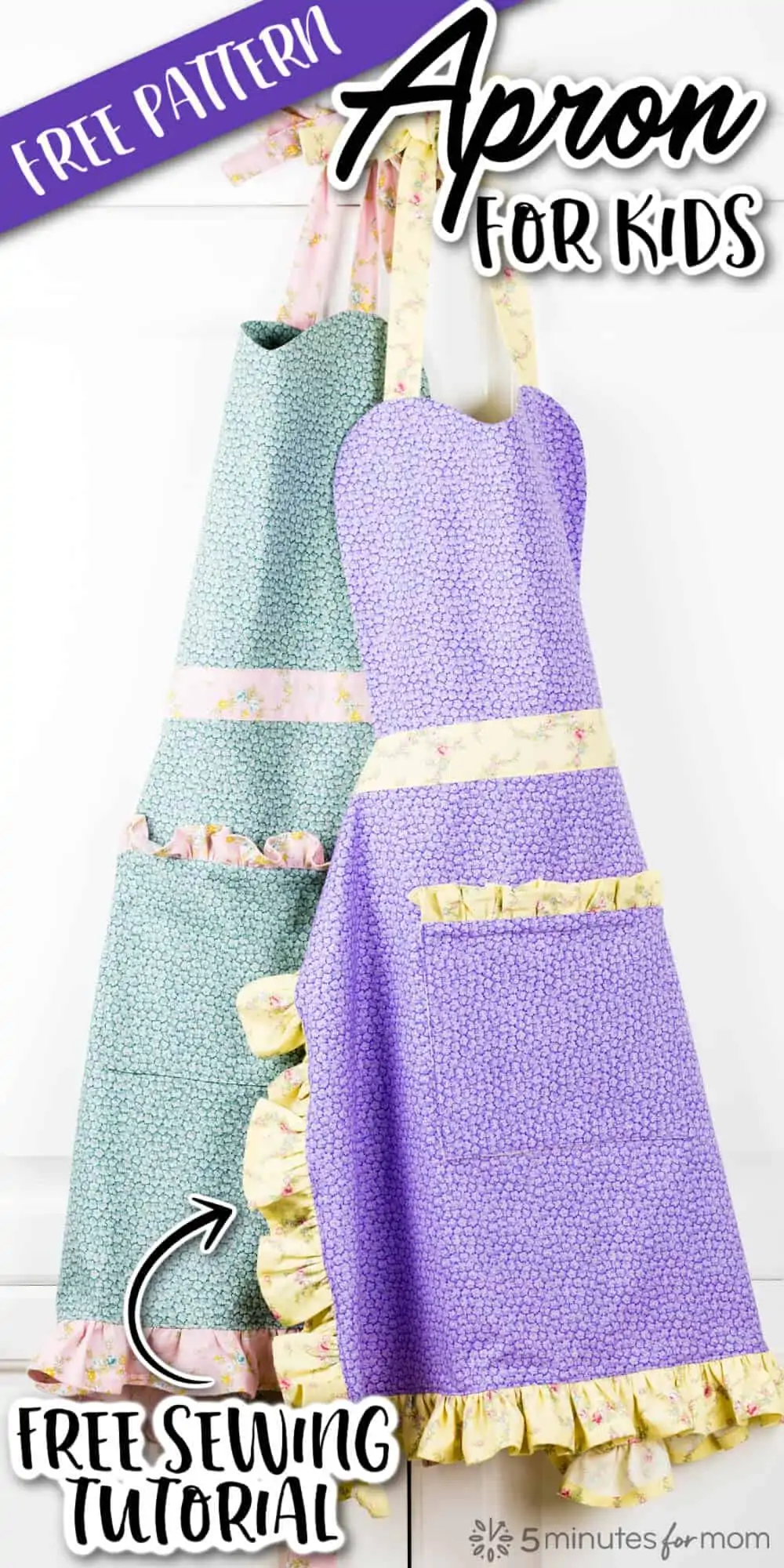 Two Handmade Aprons for Kids made with Floral Print fabrics, one in light green and the other purple. Both aprons have yellow trim. Text on image says Apron for Kids Free Pattern