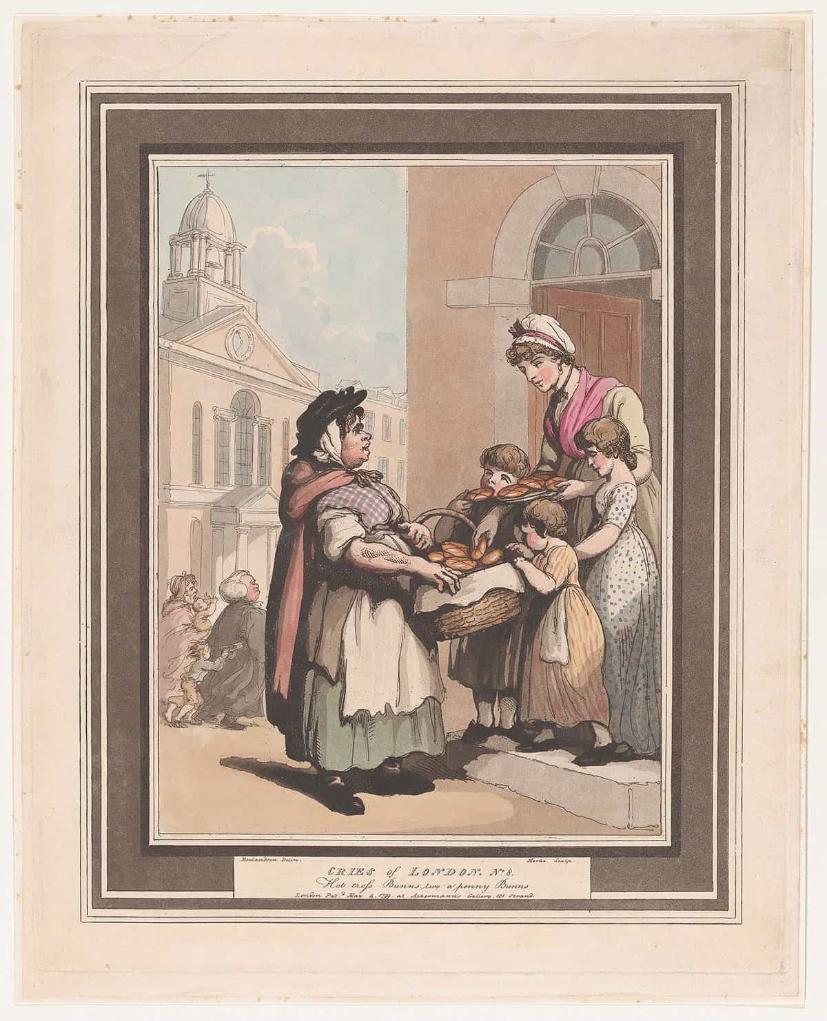 Print titled Cries of London No. 8 Hot Cross Buns by artist Henri Merk dated March 4, 1799 public domain Met Museum