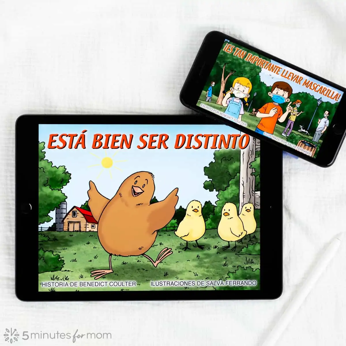 iPad and iPhone showing childrens books in Spanish and English