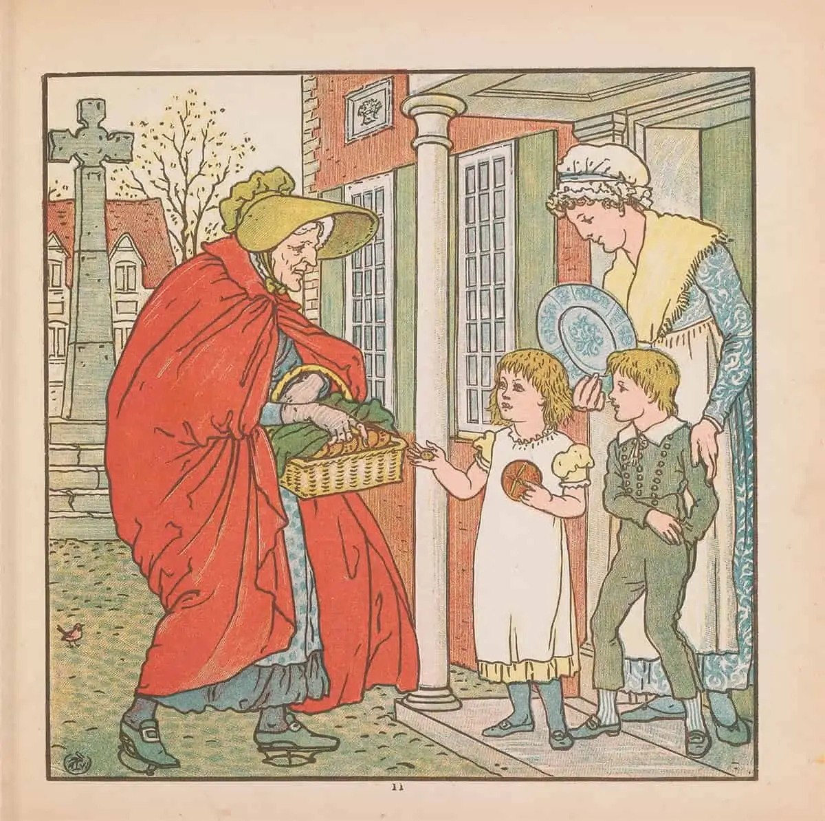 Hot Cross Buns 19th century illustration of old woman selling Hot Cross Buns to two children and their mother - from The Baby's Bouquet by Walter Crane published 1878