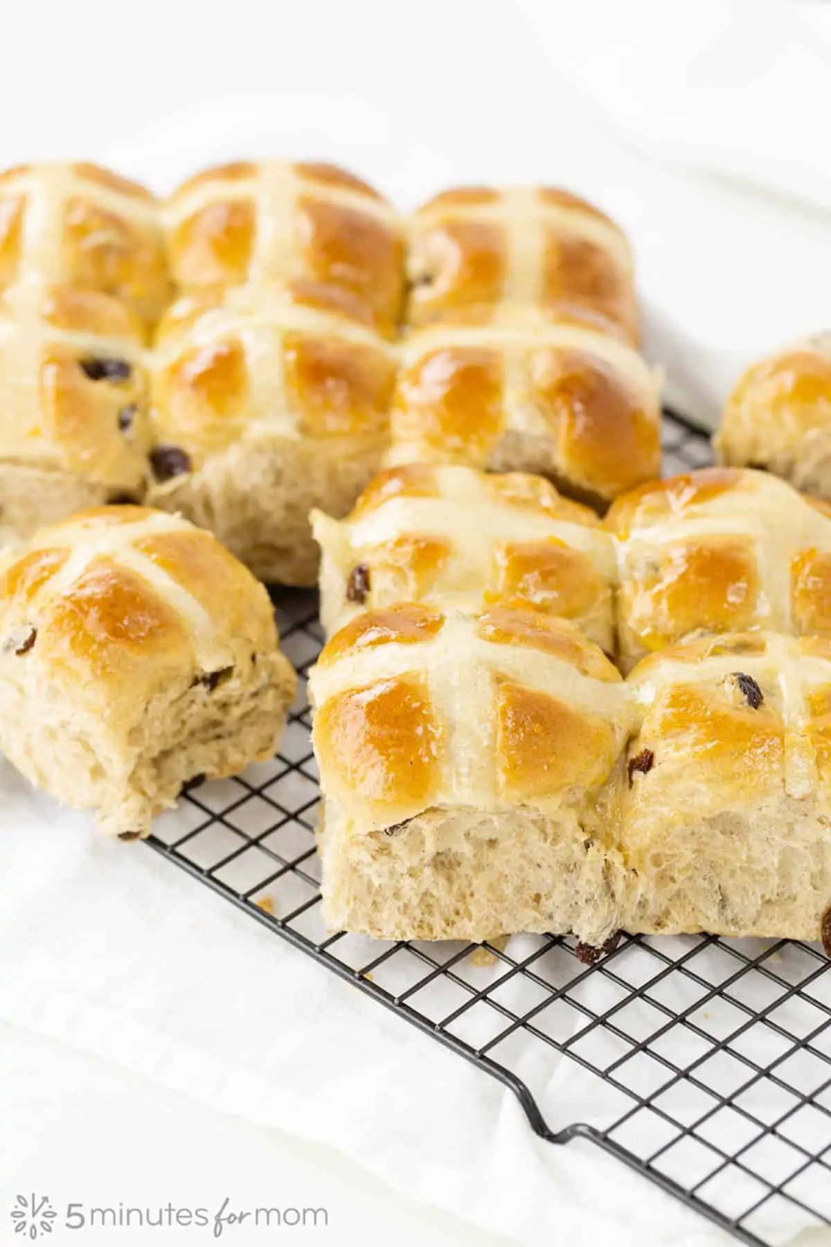 a batch of fresh fluffy homemade Hot Cross Buns