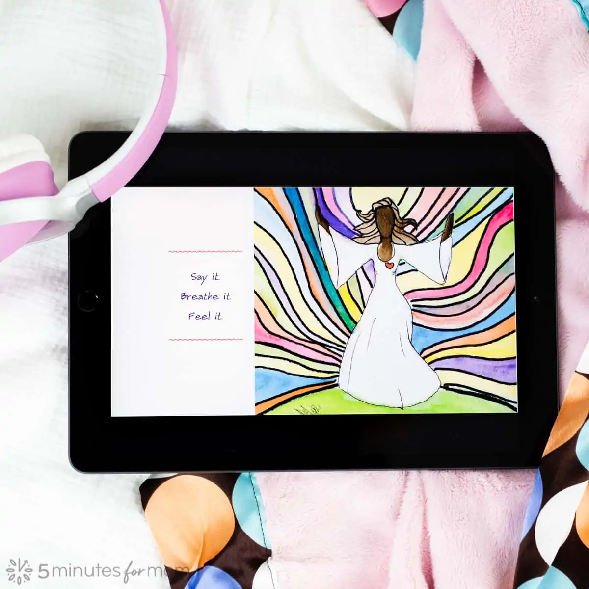 iPad showing colorful illustration from childrens book