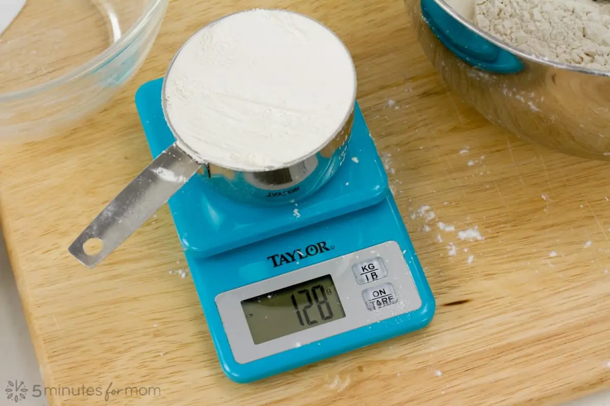 weighing flour on a kitchen scale