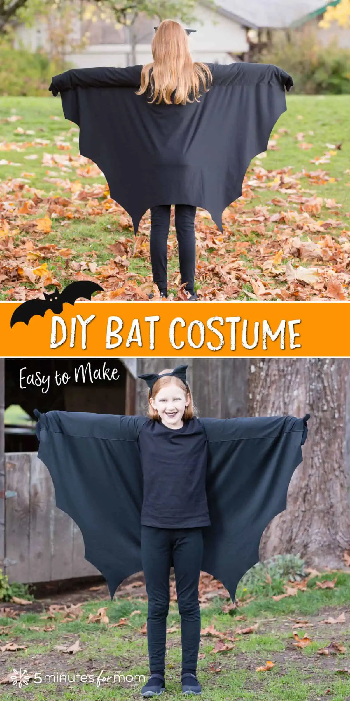 Two photos of a girl wearing a bat costume showing the front and back of the DIY bat wings