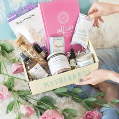 Photo showing open box with products on display from Therabox Subscription Box - Great Gift Idea for Women