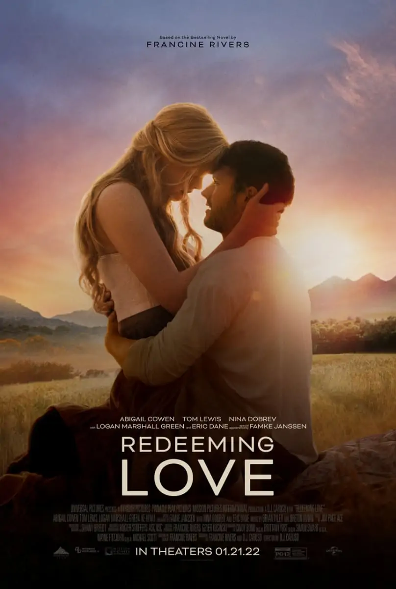 Movie Poster for Redeeming Love - Couple embrace with sunset in background