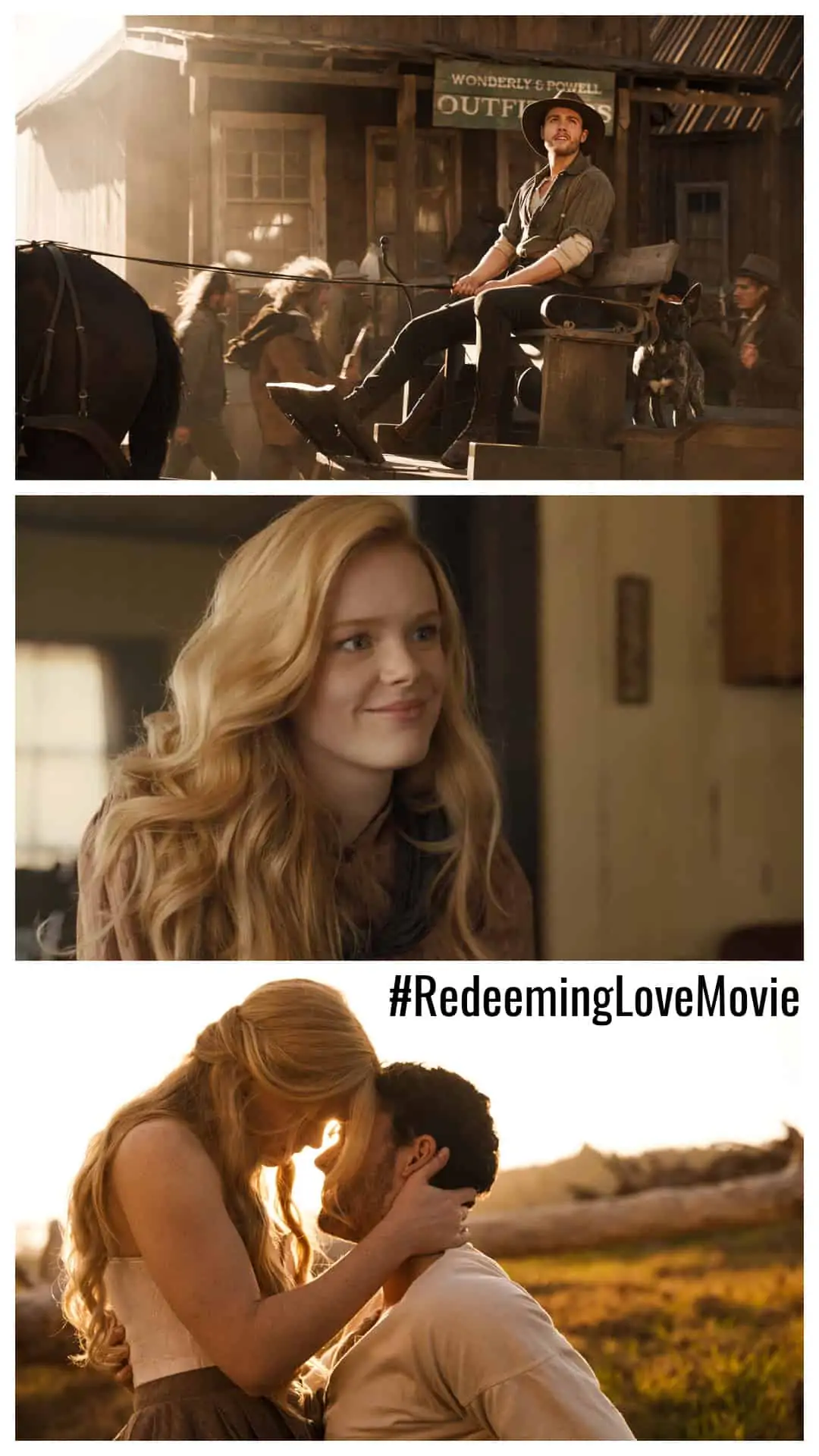 Three photos from the movie Redeeming Love showing characters Michael Hosea and Angel